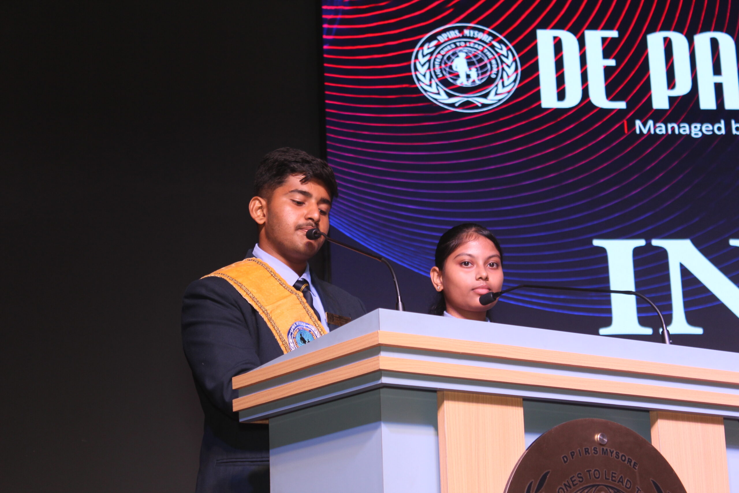 The newly elected Head Boy and Head Girl of DPIRS during Investiture Ceremony 2026.