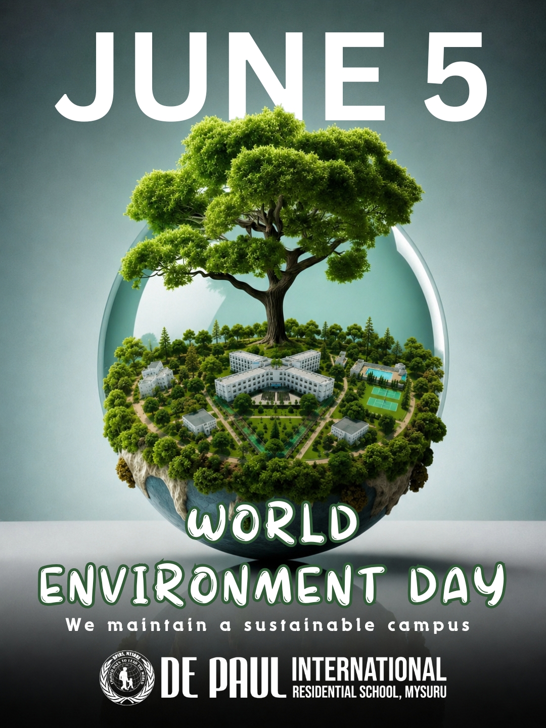 World Environment Day 2026 poster featuring a sustainable green campus enclosed within a globe beneath a flourishing tree, symbolizing environmental responsibility at De Paul International Residential School.