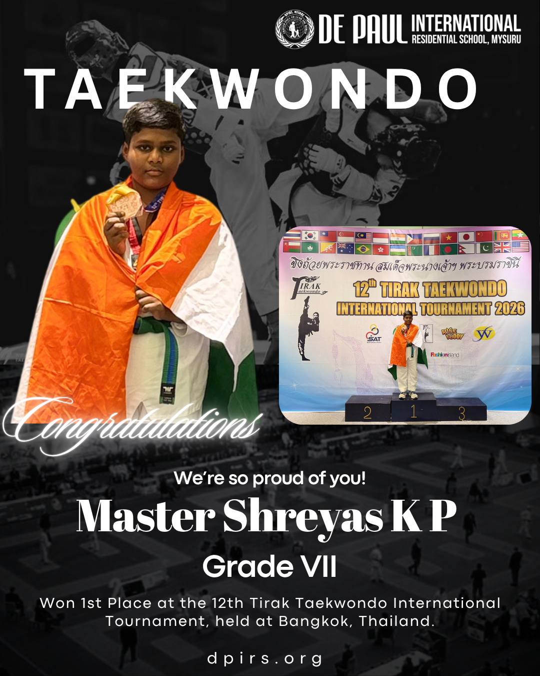 Master Shreyas K P of De Paul International Residential School displaying his gold medal after winning first place at the 12th Tirak Taekwondo International Tournament 2026 in Bangkok, Thailand.