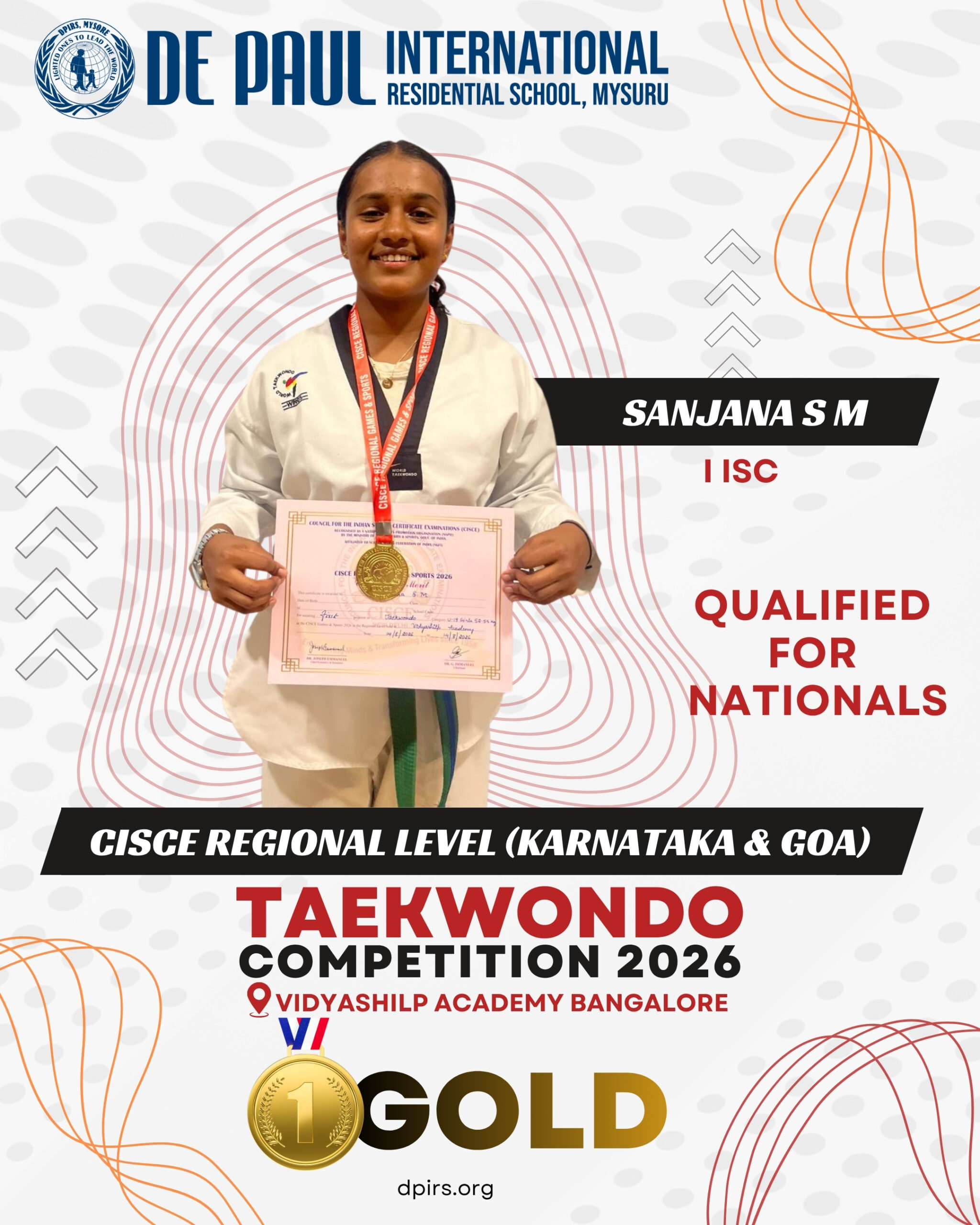 Master Shreyas K P of De Paul International Residential School displaying his gold medal after winning first place at the 12th Tirak Taekwondo International Tournament 2026 in Bangkok, Thailand.